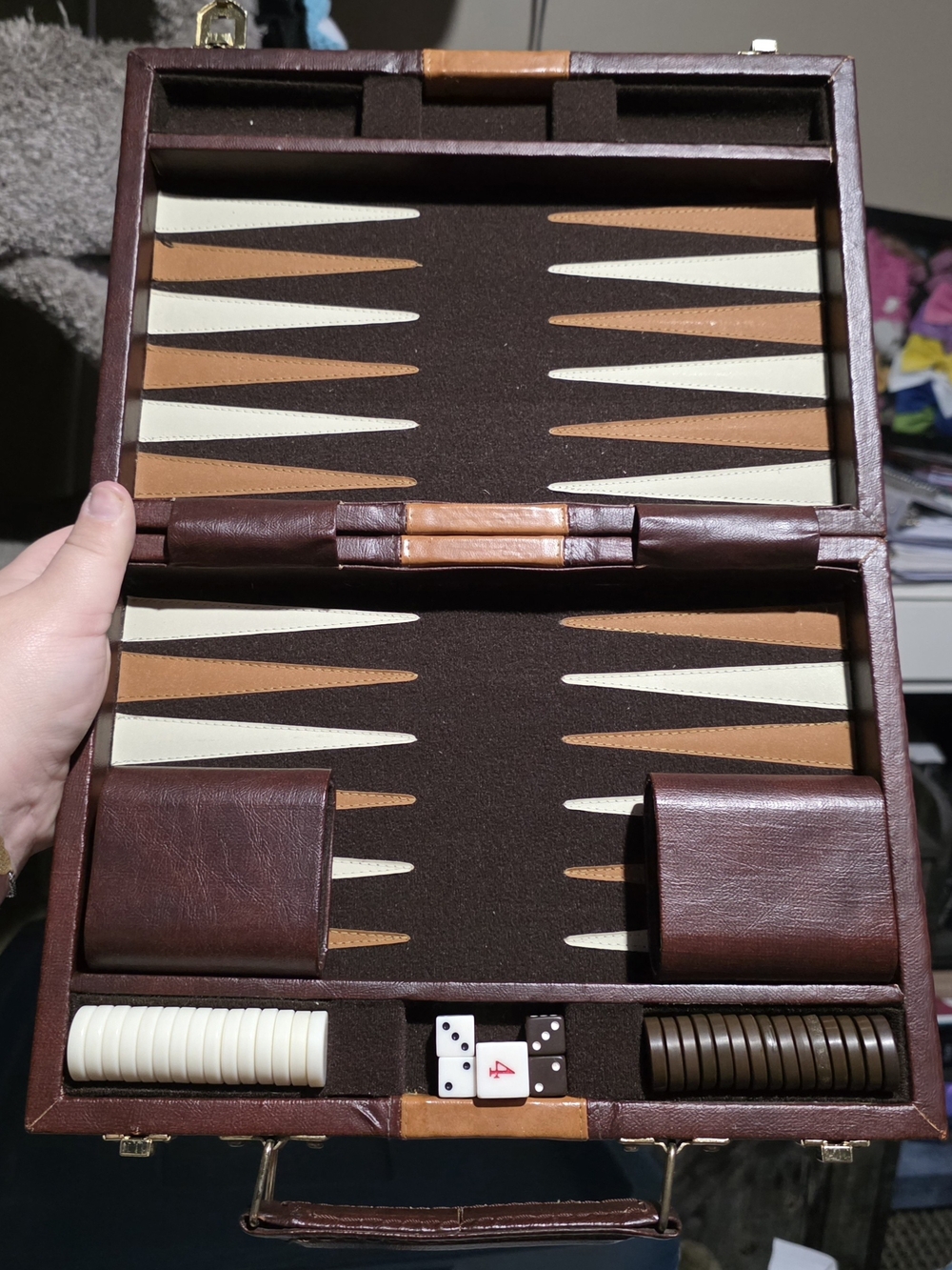 Vintage Brown Leatherette Briefcase Backgammon Set Complete with Dice & Shakers